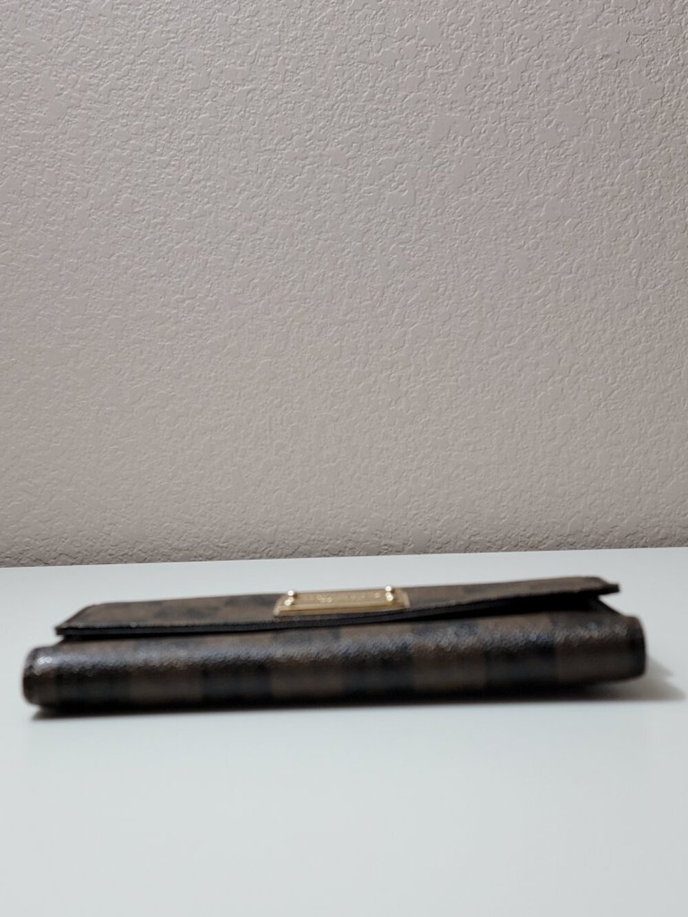 Michael Kors Jet Set Checkbook Wallet Brown Checkerboard Logo Print Gold Plate - Picture 2 of 10